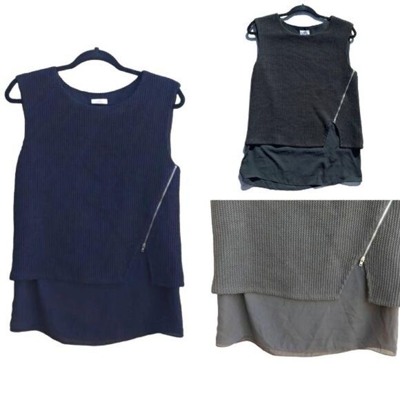 Pixley Top Edgy Lagenlook Layered Waffle Knit Tank Zipper Detailing Black Sz S - Picture 1 of 11